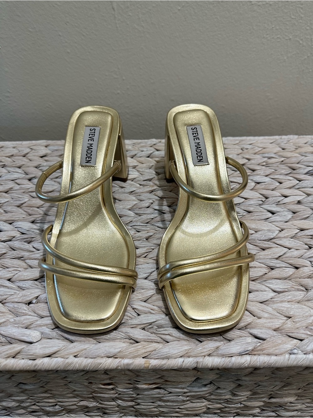Steve Madden Metallic Gold Strappy Square-Toe Block Heels